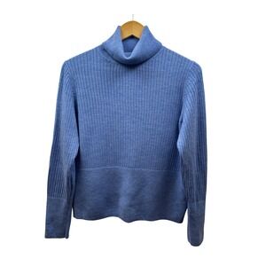 Halston Sweater Womens L 100% Merino Wool Turtleneck Blue Ribbed Pullover Cozy